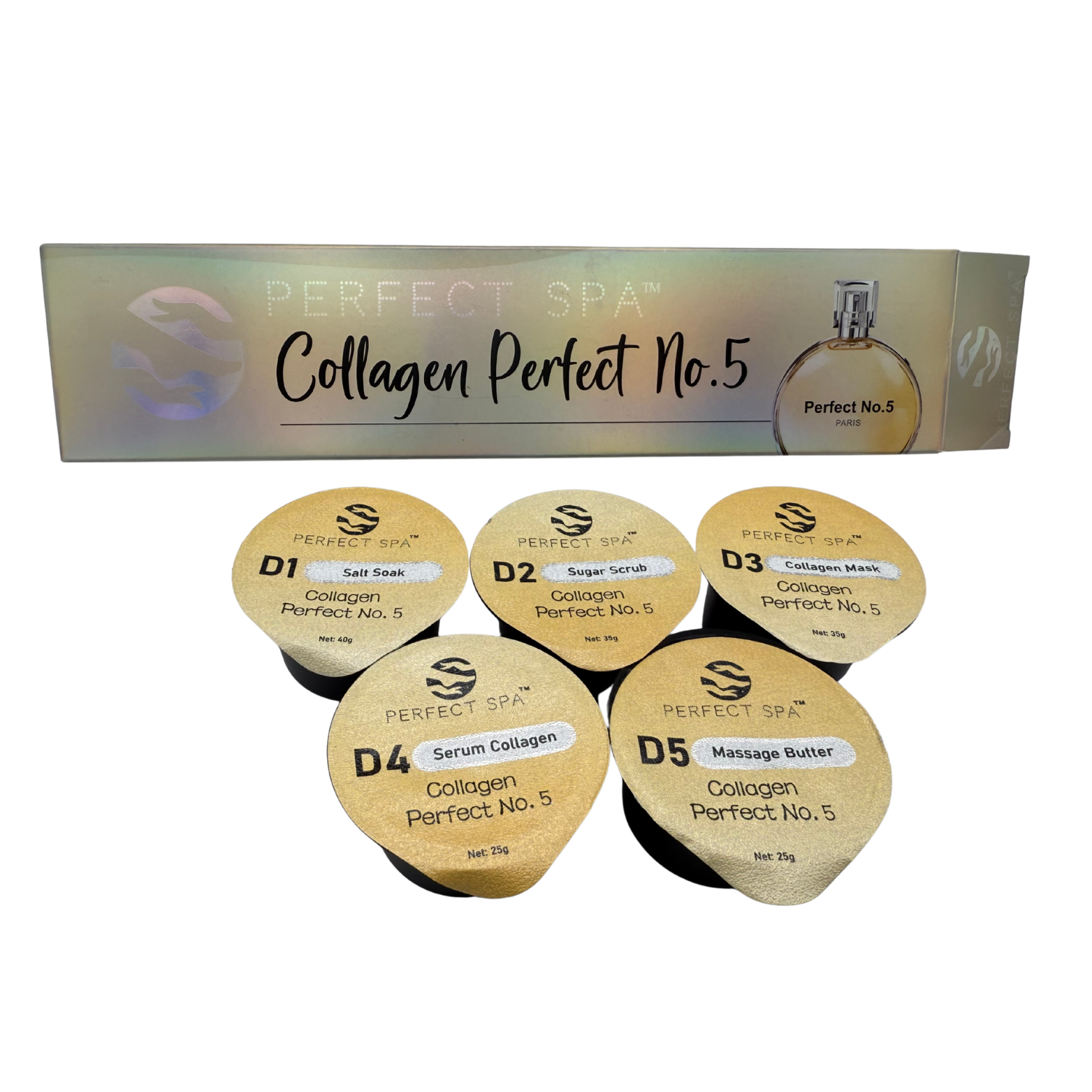 Perfect Spa Collagen Perfect No.5 – 5-in-1 Pedicure Kit (Box of 50) | Luxury Perfume-Inspired Collagen Treatment