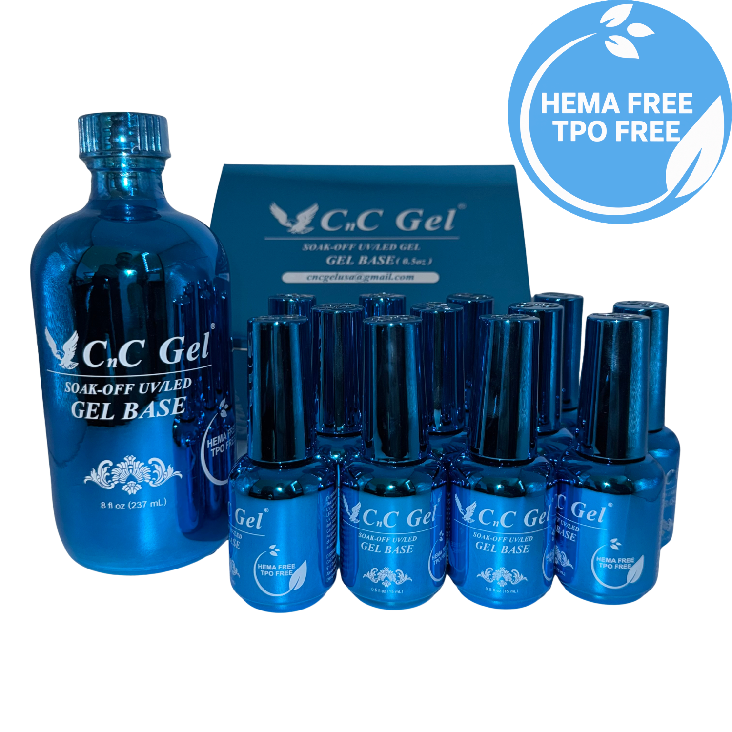 CnC Gel Base Super Sticky - HEMA/TPO-FREE - Soak-Off UV/LED – 8oz + 12 Free 0.5oz Bottles