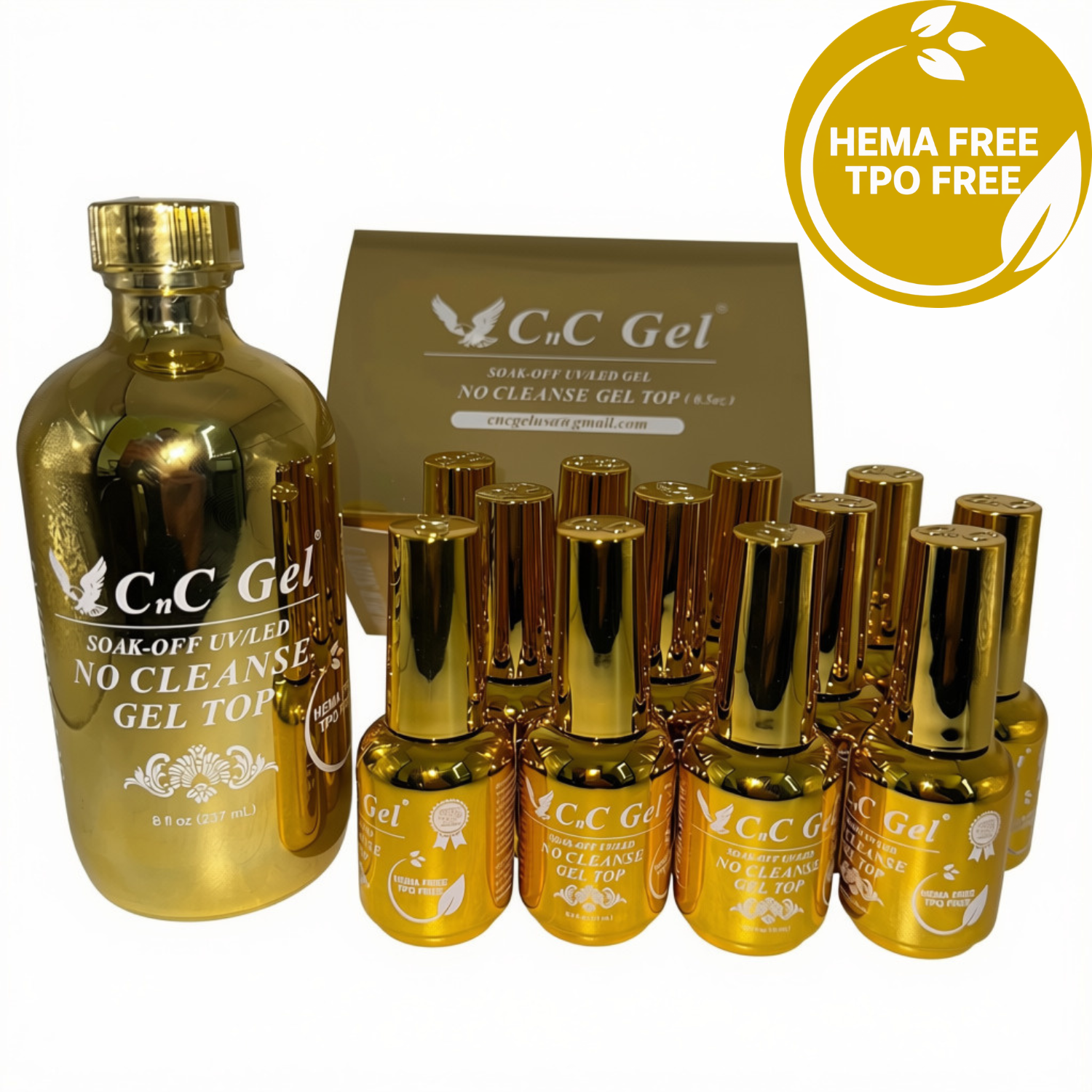 CnC Gel Top No Cleanse - HEMA/TPO-FREE - Soak-Off UV/LED – 8oz + 12 Free 0.5oz Bottles