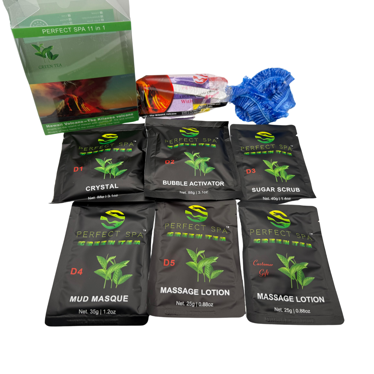 Perfect Spa Hawaii Volcano - The Kilauea Volcano Green Tea 11-in-1 Pedicure Kit – Box of 36 | Detoxifying Antioxidant Bubble Spa