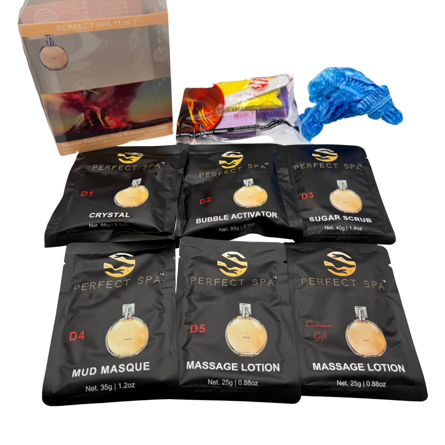 Perfect Spa Hawaii Volcano - The Kilauea Volcano Perfect No.5 11-in-1 Pedicure Kit – Box of 36 | Luxury Perfume-Inspired Bubble Spa
