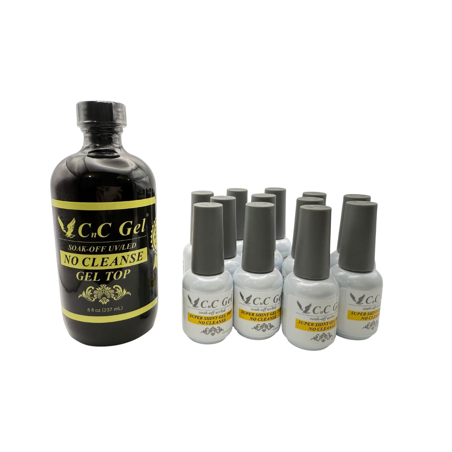 CnC Gel No Cleanse Top - Soak-Off UV/LED – 8oz + 12 Free 0.5oz Bottles