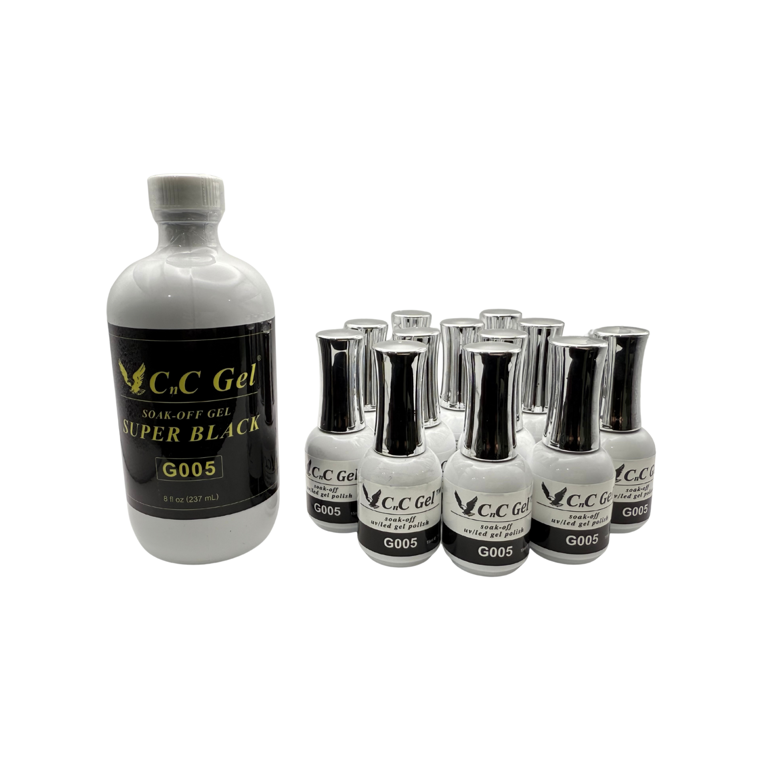 CnC Gel Super Black (G005) - Soak-Off Gel – 8oz + 12 Free 0.5oz Bottles