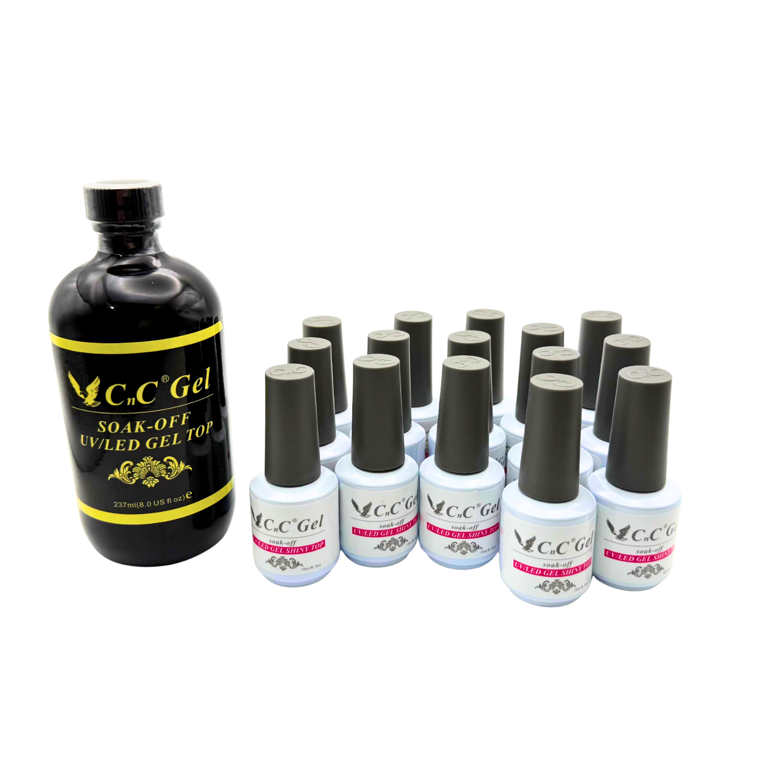 CnC Gel Top Coat (Must Clean w/Alcohol) - Soak-Off UV/LED – 8oz + 15 Free 0.5oz Bottles